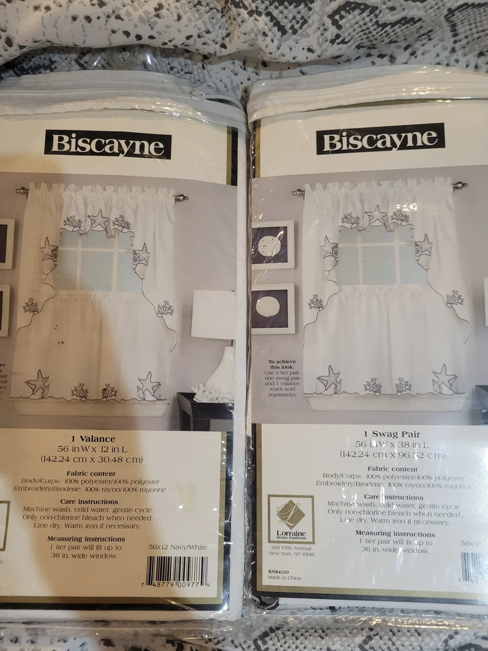 Biscayne White Valance & Swag Pair with Navy Embroidery